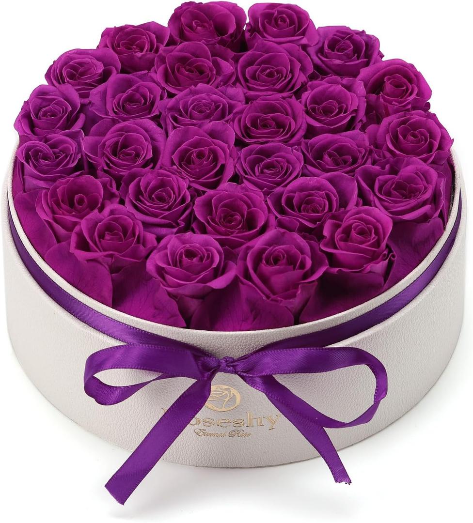 Valentines Day Flowers Roses Gifts for Her,28pcs Purple Forever Preserved Roses in Round Gift Box,Valentines Day Delivery Prime Gifts-Roses Gifts for Women,Mom.