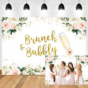 5x3ft Brunch and Bubbly Bridal Shower Photography Backdrop Pink Floral Green Leaves Bridal Shower Wedding Background Champagne Flowers Wedding Bridal Shower Party Backdrops Decorations Vinyl