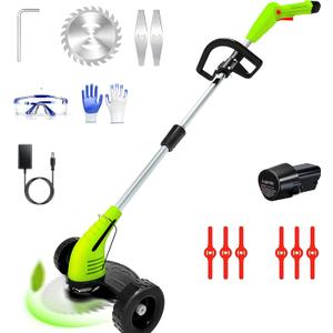 Electric Weed Wacker Cordless, 3-in-1 Wheeled Grass Trimmer with Height Adjustment, 2.0Ah Battery and 3 Types Blades for Yard, Lawn, Patio, Garden, Walkway, Fence & Branch Trimming, Green