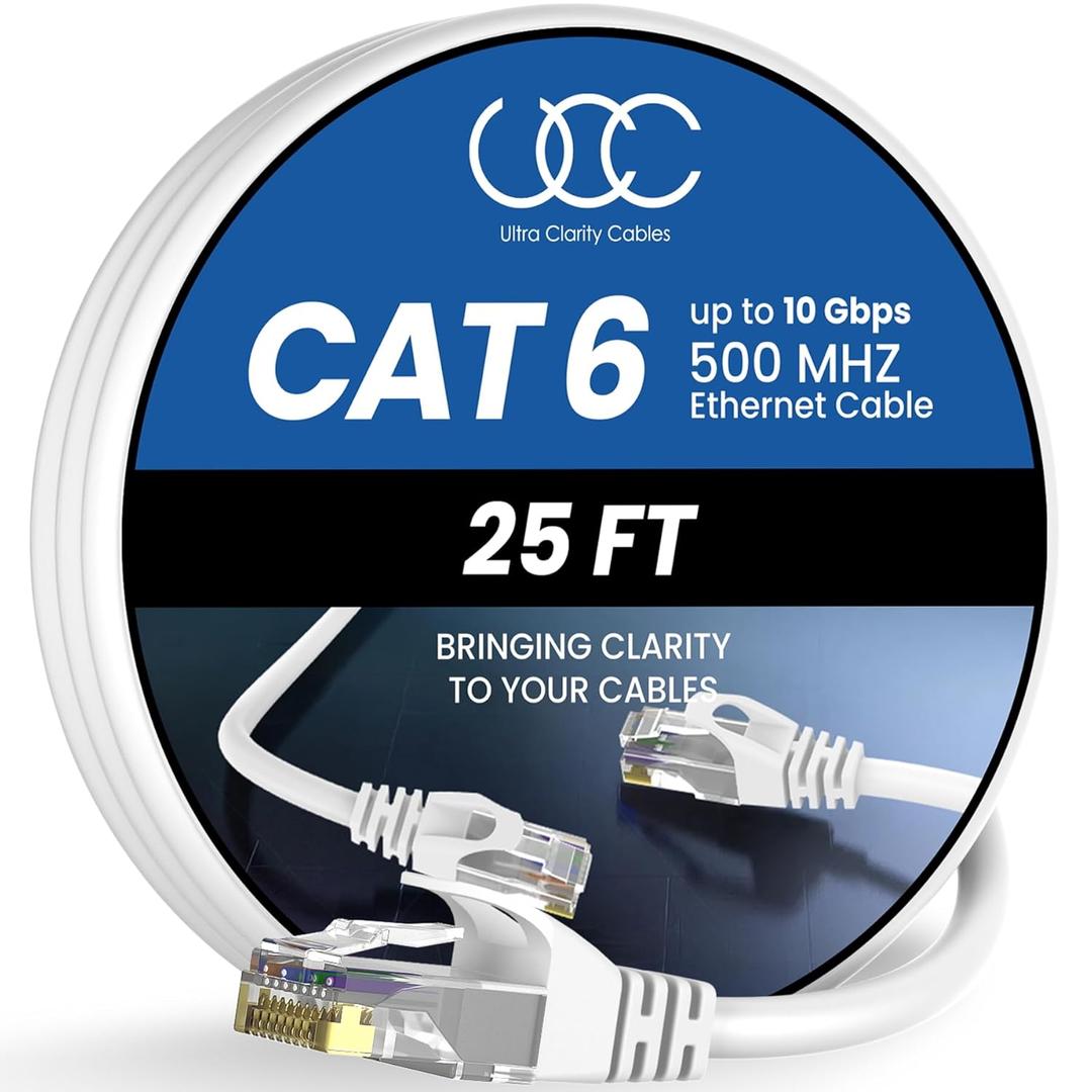 Cat 6 Ethernet Cable 25 ft, 10Gbps High Speed Ethernet Cable, Internet Cable Outdoor&Indoor, Rj45 Cat6 Cable Long Ethernet Cable for Computer, Router, Modem, PS4/5, Xbox, Gaming- White
