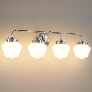 RUIYEY Bathroom Vanity Light Fixtures: 4-Lights Brushed Nickel Vintage Light Fixtures for Bathroom Above Mirror, Wall Lights Indoor with Frosted Milky Glass for Bath Bedroom
