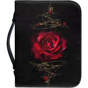 Talayituse Red Rose Floral Pattern Faux Leather Bible Cover for Men Boys Women Girls Christian Bible Case with Handle Carrying Book Case Protector Bible Tote Handbag Gifts, M