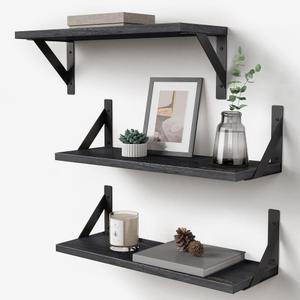 Forbena Black Floating Shelves Bathroom Set of 3, Wooden Wall Book Shelves, Rustic Shelf for Storage, Bathroom Organizer, Living Room, Kitchen, Office (Black)
