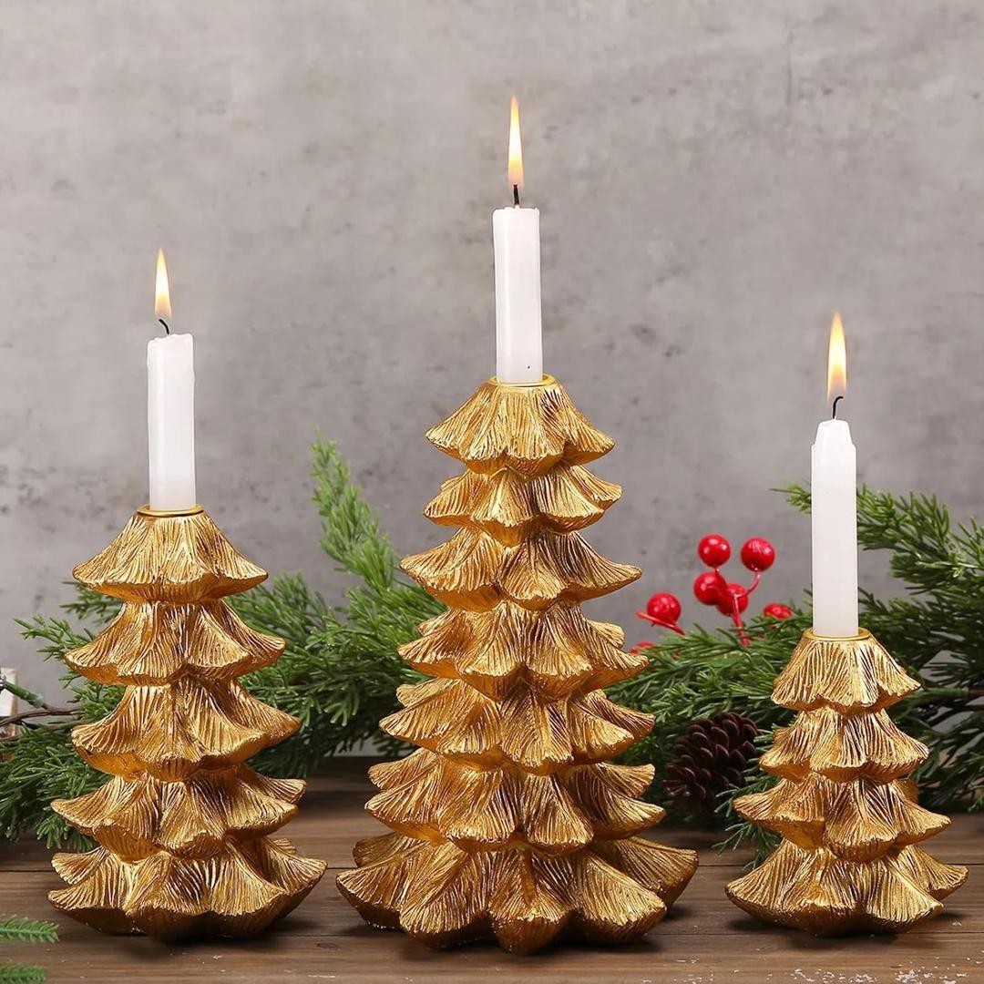 Sliner 3 Pcs Christmas Gold Pine Tree Candle Holders Vintage Taper Decorative Candlestick 8.7" 6.5" 4.5" Height Fits 0.8" Candle for Christmas Holiday Candles Stand Table Centerpiece Dining Decor