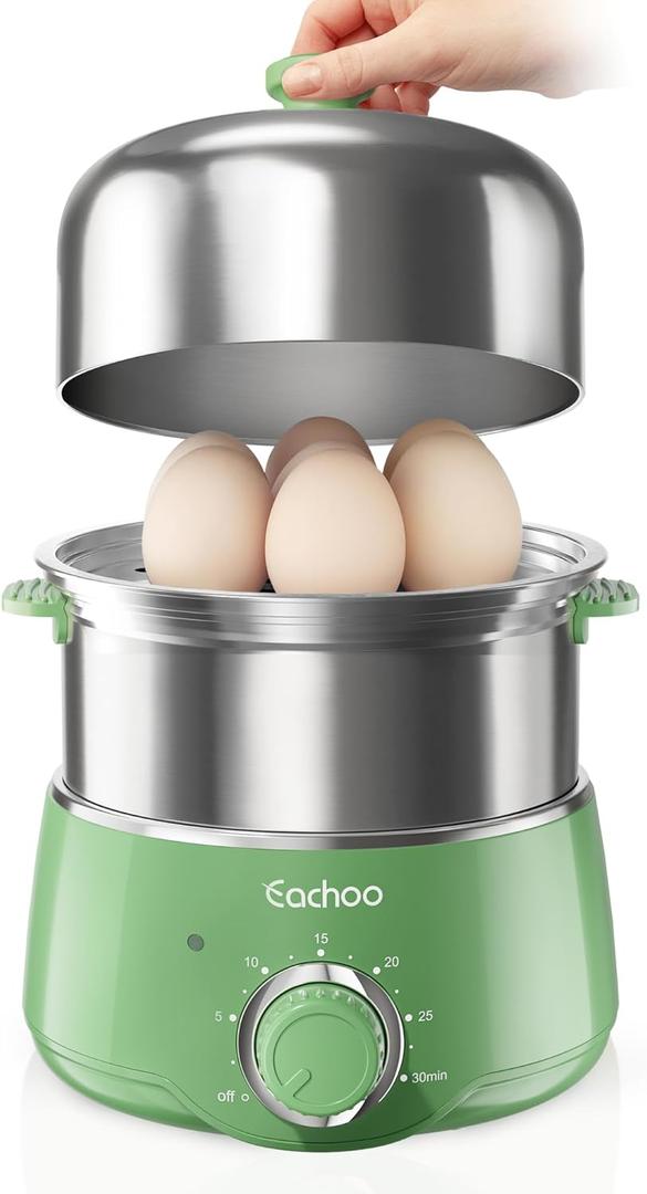 Hard Boiled Egg Cooker - CACHOO 14-Egg Rapid Stainless Steel Egg Boiler with 30-Min Timer & Auto Shut Off, Compact Electric Vegetable Steamer for Cooking, Dishwasher Safe, Retro Green (2-Tier)