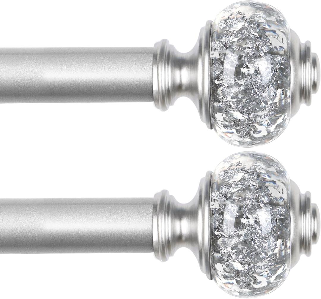 USFOOK 2 Pack Silver Curtain Rods for Windows 48 to 84 Inch, 7/ 8 inch Telescoping Splicing Drapery Rods, Decoration for Home with Decorative Translucent Finials