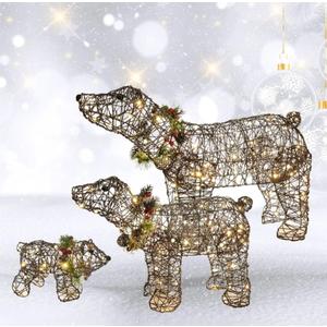 Lighted Christmas Decorations Outdoor Rattan Polar Bear 3-Piece - HOYECHI Polar Bear Family with 140 LED Lights, Zip Ties, Ground Stakes for Front Yard, Lawn - Rattan/Brown