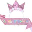 baotongle 5th Birthday Decorations for Girls Birthday Girl Headband Glitter Sash Set for 5 Year Old Girl Flower Princess Crown Headband for Happy Outfit