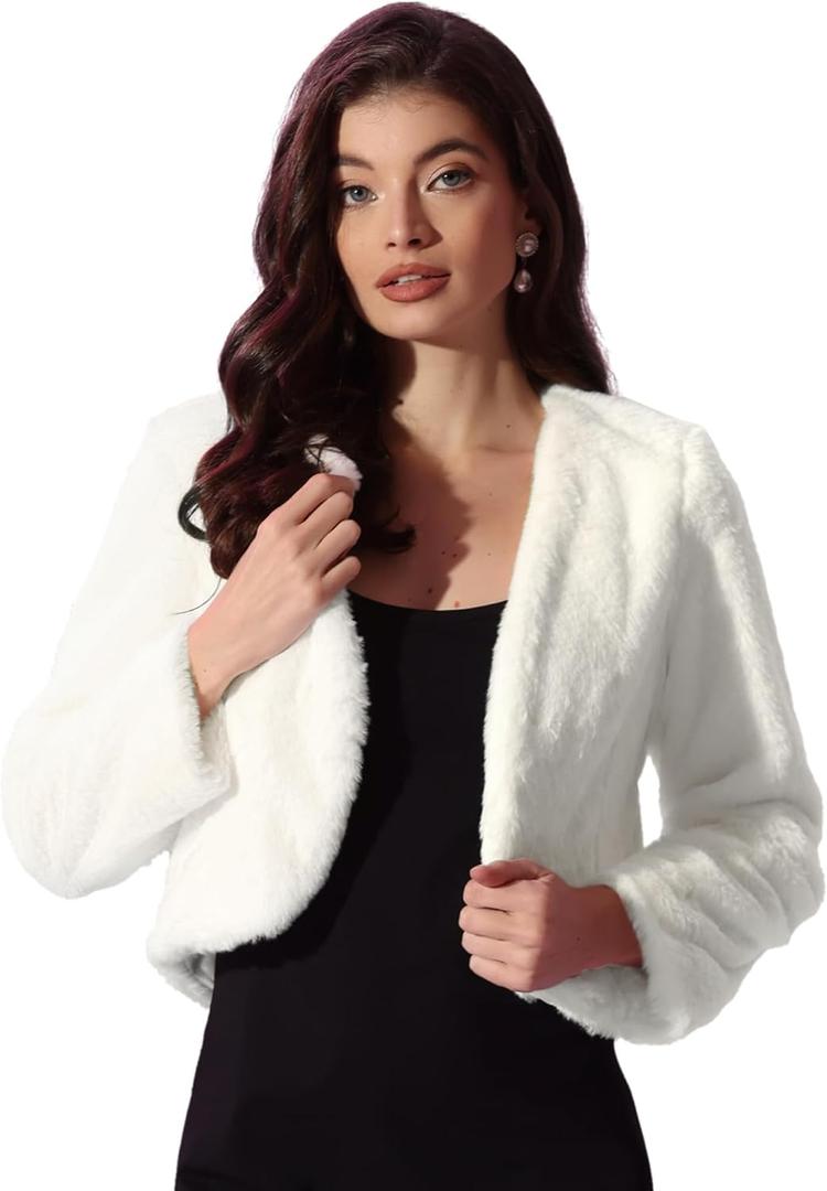 Allegra K Cropped Jacket for Women's Faux Fur with Pockets Long Sleeve Open Front Wedding Bolero Gowns Coat (Medium, White)