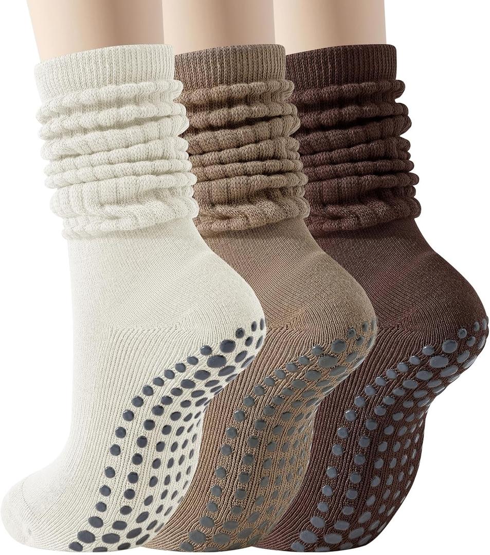 Pilates Socks with Grips for Women, 3 Pairs Long Scrunch Non Slip Yoga Barre Hospital Slouch Socks (Mix Color)