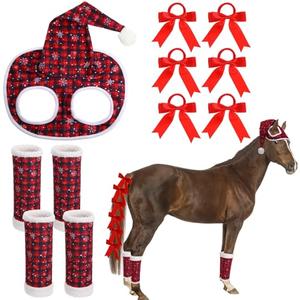 Geyoga 11 Pcs Christmas Horse Accessory Includes Santa Horse Hat with Fleece Trim 4 Pcs Horse Leg Wraps with 6 Pcs Ribbon Bow Horse Hair Ties for Horse Decoration for Holiday Christmas Horse Costume