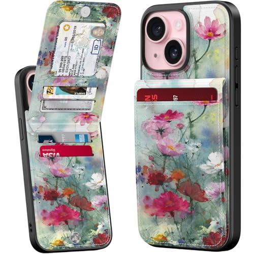 Bemal for iPhone 15 Wallet Case, Built-in Card Holder, Fashion Printed, RFID Blocking, PU Leather Kickstand, Magnetic Closure, Shockproof Phone Cover for Women and Men, Designer Flowers