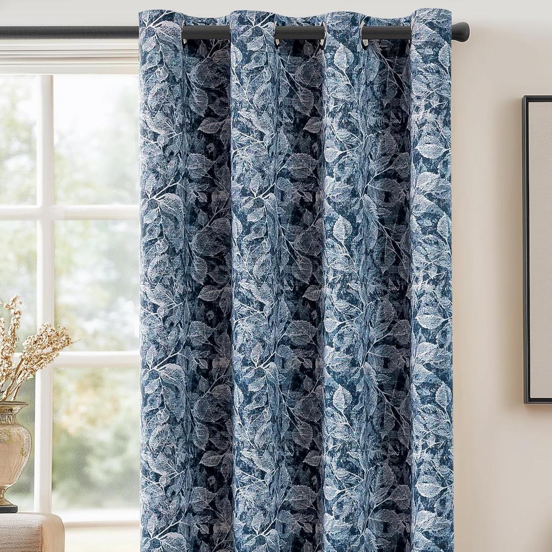 ChrisDowa Navy Blue Blackout Curtains 84 Inches Long 2 Panels for Bedroom Living Room,Flower Patterned Room Darkening Thermal Insulated Soundproof Grommet Window Treatments Drapes,52X84