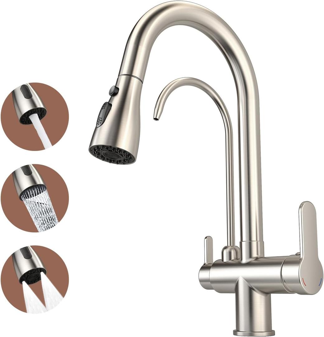 Kitchen Sink Faucet with Pull - Down Sprayer, 2 - Handle 3 - in - 1 Kitchen Sink Filter Faucet, Cold and Hot Mixer Drinking Water Faucet (3-in-1 Filter Faucet, Brushed Nickel-1)