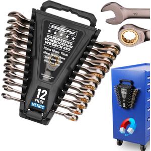 Premium 12-Piece Metric Ratchet Wrenches Set with Magnetic Organizer 8mm-19 mm, 72-Tooth Ratcheting Wrench Set, Cr-V Steel Ratchet Combination Wrench Set for Automotive, Machine Repair
