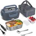 Vabaso Electric Lunch Box Food Heater, Electric Heating Lunch Boxes Lunch for Adults/Men/Car/Truck/Work, 1.5L Removable 304 Stainless Steel Container, 80W, 110V/12V/24V, with Fork & Spoon (Blue Gray)