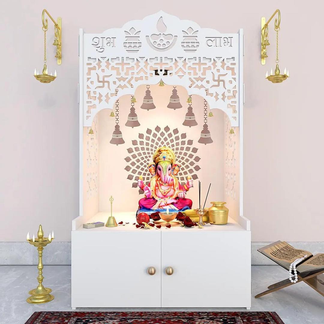 Divine Wooden Pooja Mandir for Home with Spacious Shelf & Inbuilt Focus Light White Pooja Mandir, Height 109 cm Temple I White Finish I Temple for Home