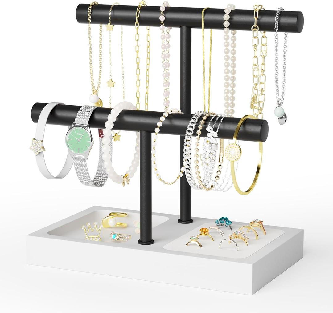 SZQINJI Bracelet Holder Organizer Jewelry Display Stand, Solid Wood Base with 2 Tier Metal T-bar for Bracelet Wristband Bangle Watch Necklace Hanging, White, Christmas Gift