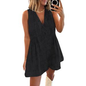 Caracilia Women Oversized Denim Romper Summer Casual V Neck Tie Front Sleeveless Jean Jumpsuits Short Overalls with Pockets (Large, Black)