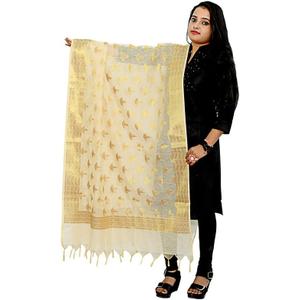Women's Cotton Silk Zari Work Banarasi Dupatta silk shawl for women golden dupatta for indian wear(018) (Beige-3)