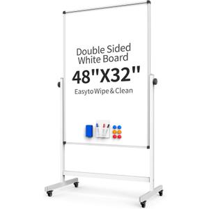 Rolling Whiteboard, Double Sided Magnetic Dry Erase Board Height Adjustable Whiteboard with Stand for Home Office Classroom (48" x 32")