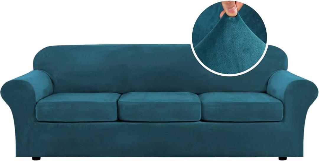 H.VERSAILTEX High Stretch Sofa Slipcover 4 Piece Cover Velvet Furniture Protector Form Fit Thick Velvet Extra Large Sofa Cover for 3 Cushion Couch Width Up to 97 Inch (Large Sofa, Deep Teal)