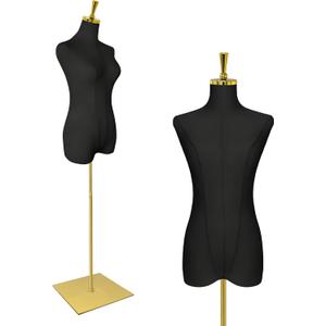 Dress Form Mannequin Torso for Women, US Standard Size 0-2 | 53"-73" Height Adjustable, Black Linen Fabric Torso with Gold Metal Stand, for Sewing & Display