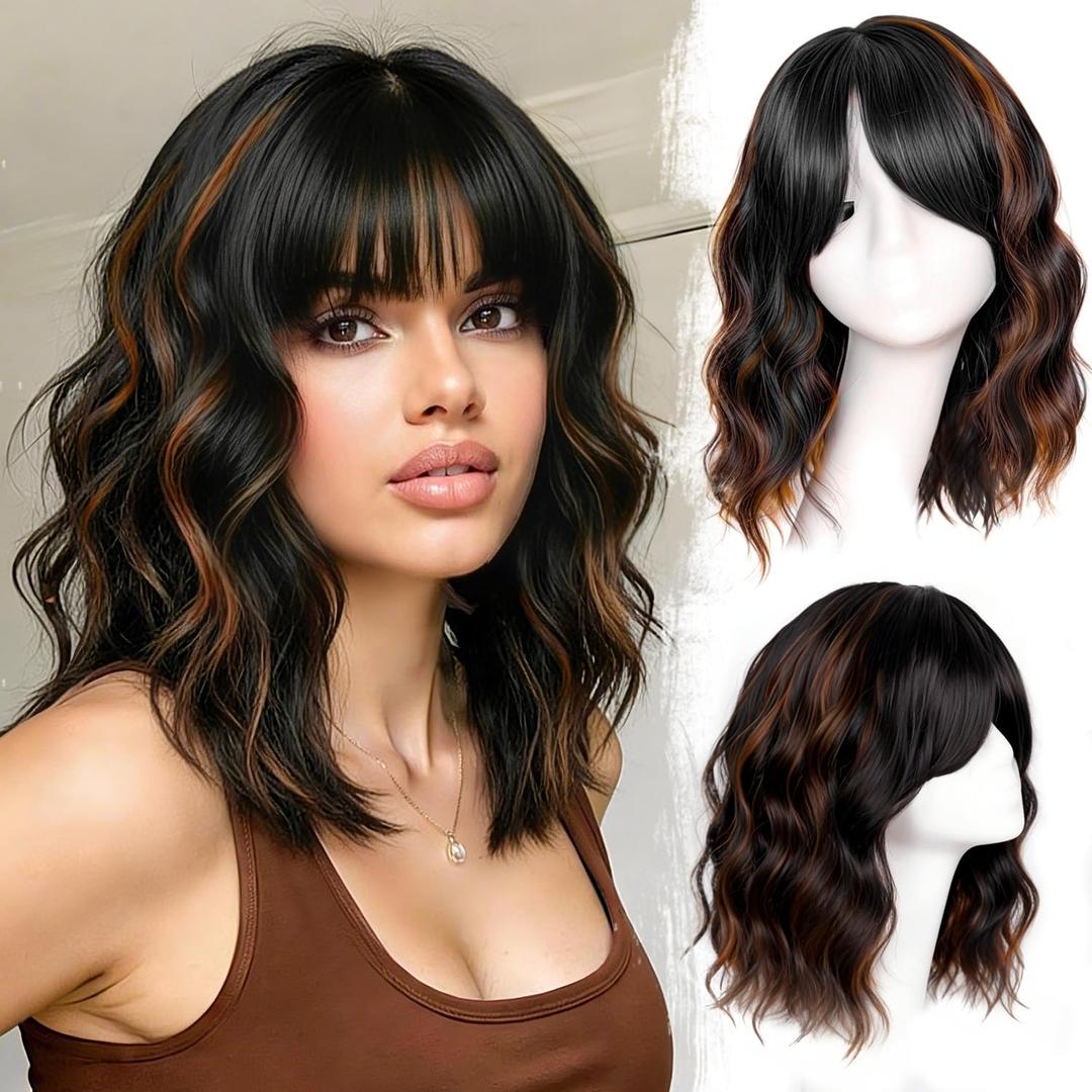 Beautier Black Mixed Brown Wig with Bangs Short Wavy Bob Wigs for Women Synthetic Shoulder Length Hair Natural Looking Curly Wig Heat Resistant Hair Replacement Bob Wigs (14 Inch)
