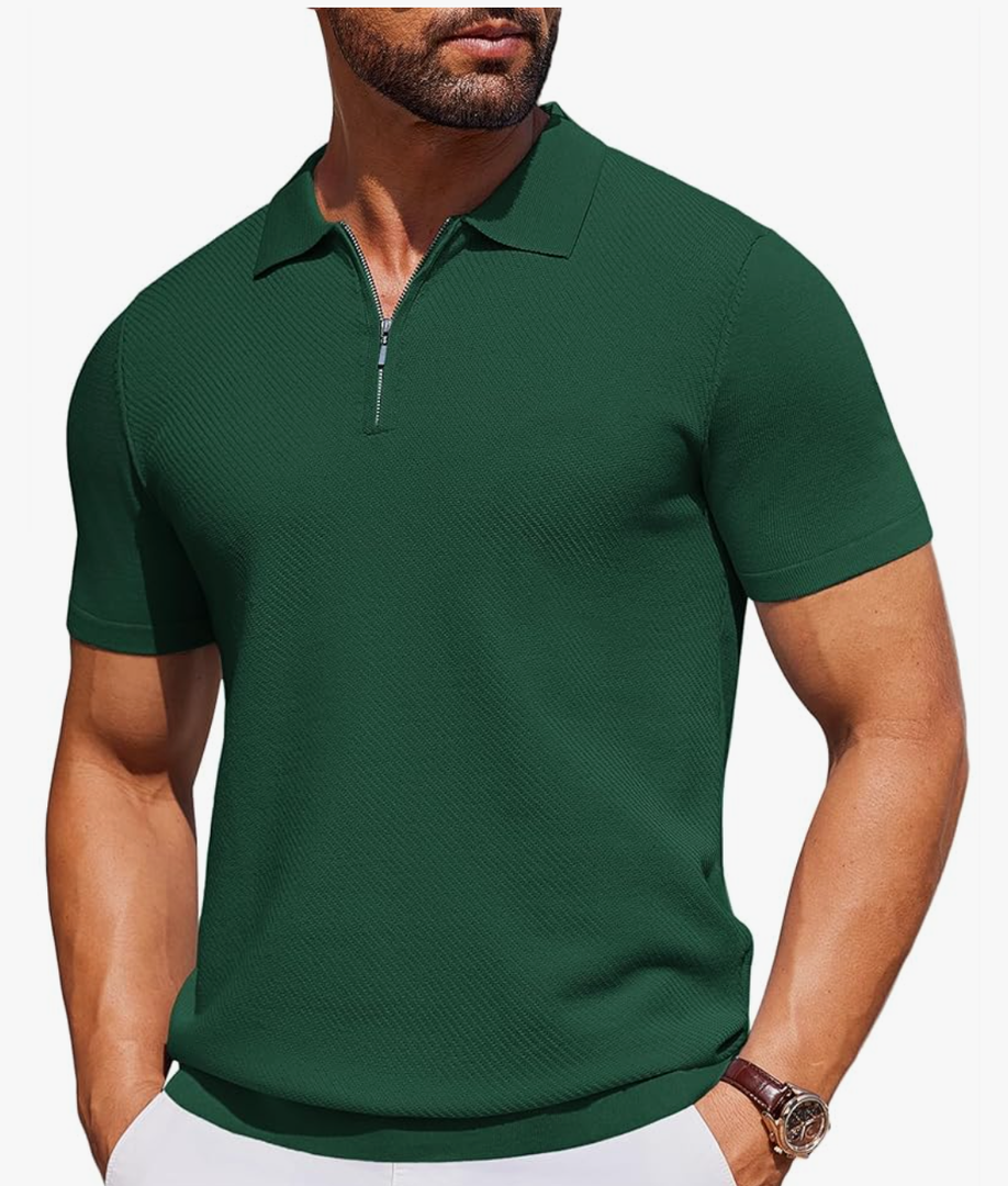 COOFANDY Mens Casual Quarter Zipper Knit Polo Shirts Short Sleeve Summer Beach Shirt Textured Jersey Tops, XL