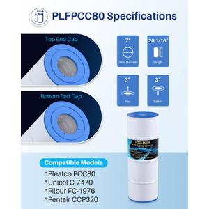 POOLPURE PLFPCC80 Pool Filter Replaces Pentair CCP320, Pleatco PCC80-PAK4, Ultral-A5, Unicel C-7470, R173573, Filbur FC-1976, 178580, 817-0081, Clean and Clear Plus 320, L x OD:20"x 7", 4X80 sq.ft.