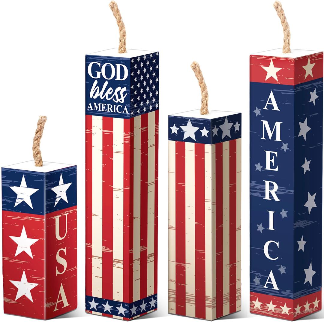 Wesiti 4 Pcs 4th of July Decorations, Vintage Patriotic Wooden Firecracker Decor, Rustic Red White Blue Farmhouse Tiered Tray Signs for Memorial Day, Independence Day, 250th Anniversary