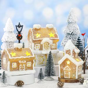 GlikCeil 17pcs LED Christmas Gingerbread Village Sets 3 Ceramic Gingerbread Houses Decor 2 Birch Trees 10 Pine Trees 2 Streetlight Christmas Figurines for Mantel Tabletop Shelf Decor