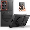 SURITCH for Samsung Galaxy S24 Ultra Case with 360° Rotatable Hand Strap Phone Grip & Invisible Kickstand & Slide Camera Cover, Rugged Shockproof Protective Cover for S24 Ultra -Black