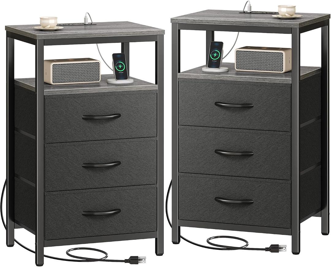 Huuger Nightstands Set of 2, 27.6 Inch End Tables with Charging Station, Fabric Drawers, Bedside Tables with USB Port and Outlet, Night Stands for Bedroom, Charcoal Gray, 11.8"D x 15.7"W x 27.6"H