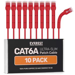 Everest Ultra Slim Cat6a Ethernet Patch Cables 1ft (10-Pack) Red - 10GB Cat 6a Patch Cable - Bendable, Flexible & Thin Ethernet Cable - Space Saving 32AWG 550MHZ Cat6a Cables - 100% Copper Wires