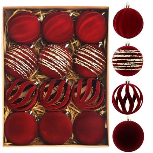 Christmas Ornaments Set of 6, 3.15" Flocked Velvet Balls with Hand Painted Designs, Burgundy Elegant Christmas Tree Decorations in Gift Box