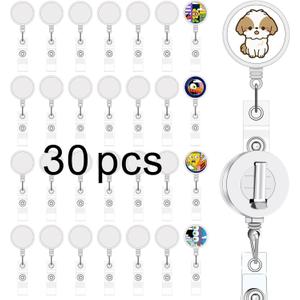 30 Pcs sublimation badge reels Blankdiy badge reel kit sublimation id badge blanks retractable badge reelbadge holder retractable clip for Office Worker Doctor Nurse Key Card Name Tag Holder white