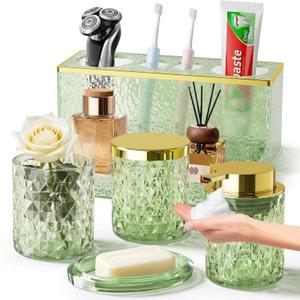 Glass Bathroom Accessories Set 5Pcs Crystal - Foaming Soap Dispenser, Soap Dish, Cup, Acrylic Toothbrush Holder with Tray Organizer, Qtip Jar, Bathroom Counter Set Sink Decor (Green)