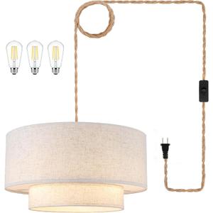 Plug in Pendant Light, 2-Tier Drum Linen Pendant Light with 15ft Hemp Rope Cord, E26 On/Off Switch, 18" Plug in Hanging Chandelier for Dining Room Kitchen, Includes Bulbs
