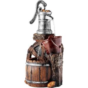 Alpine Corporation WCT688 Outdoor Floor Tiered Rustic Barrel and Pump Water Fountain, Old-Fashioned Waterfall , 24", Brown
