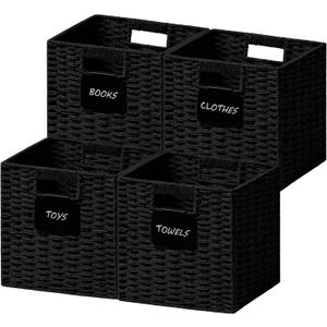 UBBCARE 4 Pack Small Wicker Basket, 99 Storage Cubes with Label, Foldable Cube Storage Bin with Handle, Square Storage Basket for Shelves, Woven Paper Rope Basket for Organizing, Black