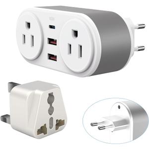 European Travel Plug Adapter for Europe & UK, PD 20W Fast Charger with 2 Outlets 3 USB Charging Ports, CHUAFIUR US to Europe Plug Adapter to UK EU Ireland Italy Israel Spain France Travel Essentials