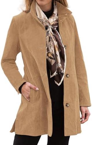 Womens Winter Suede Coat Stand Collar Single Breasted Overcoat with Pockets Mid Length Trench Coats, L