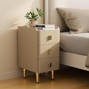 AQIMUELE Narrow Nightstand with Drawers, Narrow Side Table Leather, Small Bedside Tables for Bedroom. (Beige)