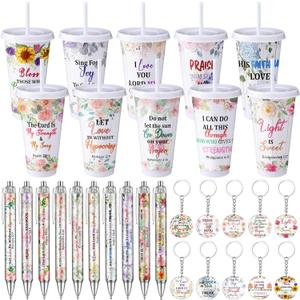 30 Pcs Mother's day Christian Gifts Bulk 24 oz Church Religious Cups Teacher appreciation gift Scripture Bible Verse Plastic Tumblers with Lid and Straws Quote Pens Faith Keychain for women