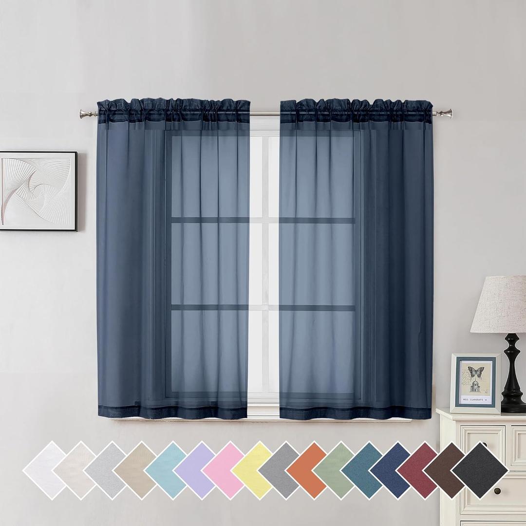 Aiyufeng Navy Blue Sheer Curtains 45 inch Length 2 Panels Set for Farmhouse Kitchen Room, Elegant Light Filtering Voile Window Treatments, Each is 40W x 45L Inches