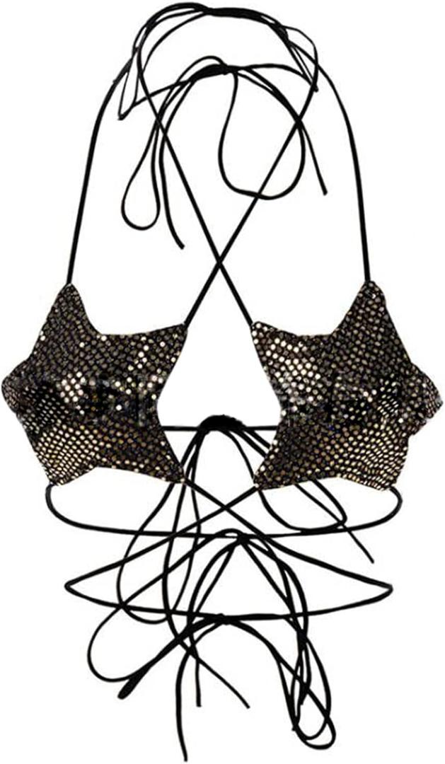 Women's Glitter Sequin Star Bra Top Halter Lace Up Crop Top Bralette Bandeau Camisole Rave Clubwear