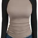 Trendy Queen Women's Long Sleeve Shirts Slim Fit Stretchy Color Block Slightly Cropped Tops (Medium, Mocha Black Combo)