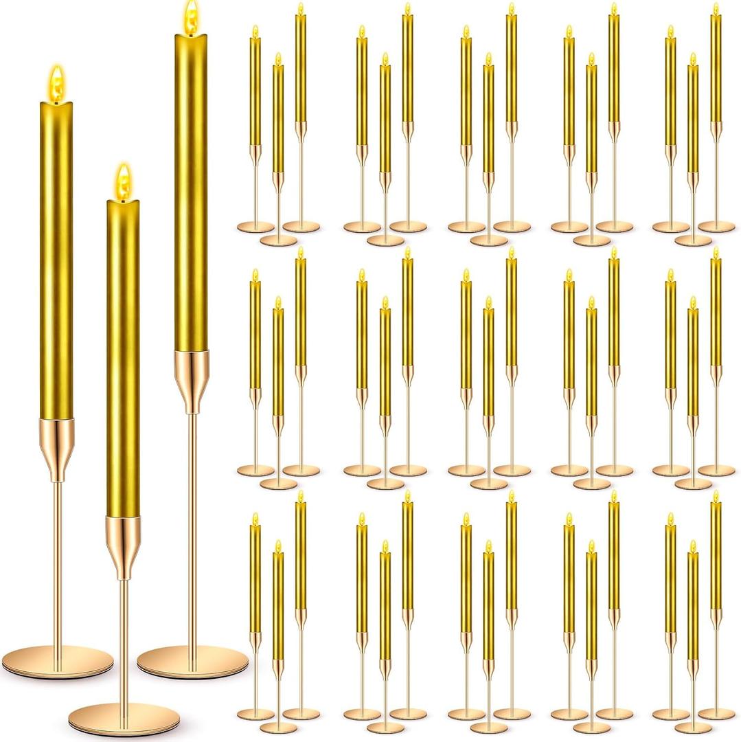 FillTouch 60 Pcs Gold Candlestick Holders with LED Flameless Candles Bulk Includes 30 Metal Candle Holders and 30 Battery Operated Candles for Wedding Table Centerpieces Home Decor(Gold)