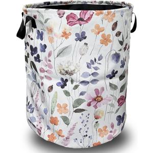 Watercolor Floral Laundry Basket Foldable With Handles Tote Bag Oxford Cloth Cute Flowers Laundry Hamper Clothes Storage Bucket Toy Organizer 18.9" x 16.5" For Bathroom/Laundry/Bedroom
